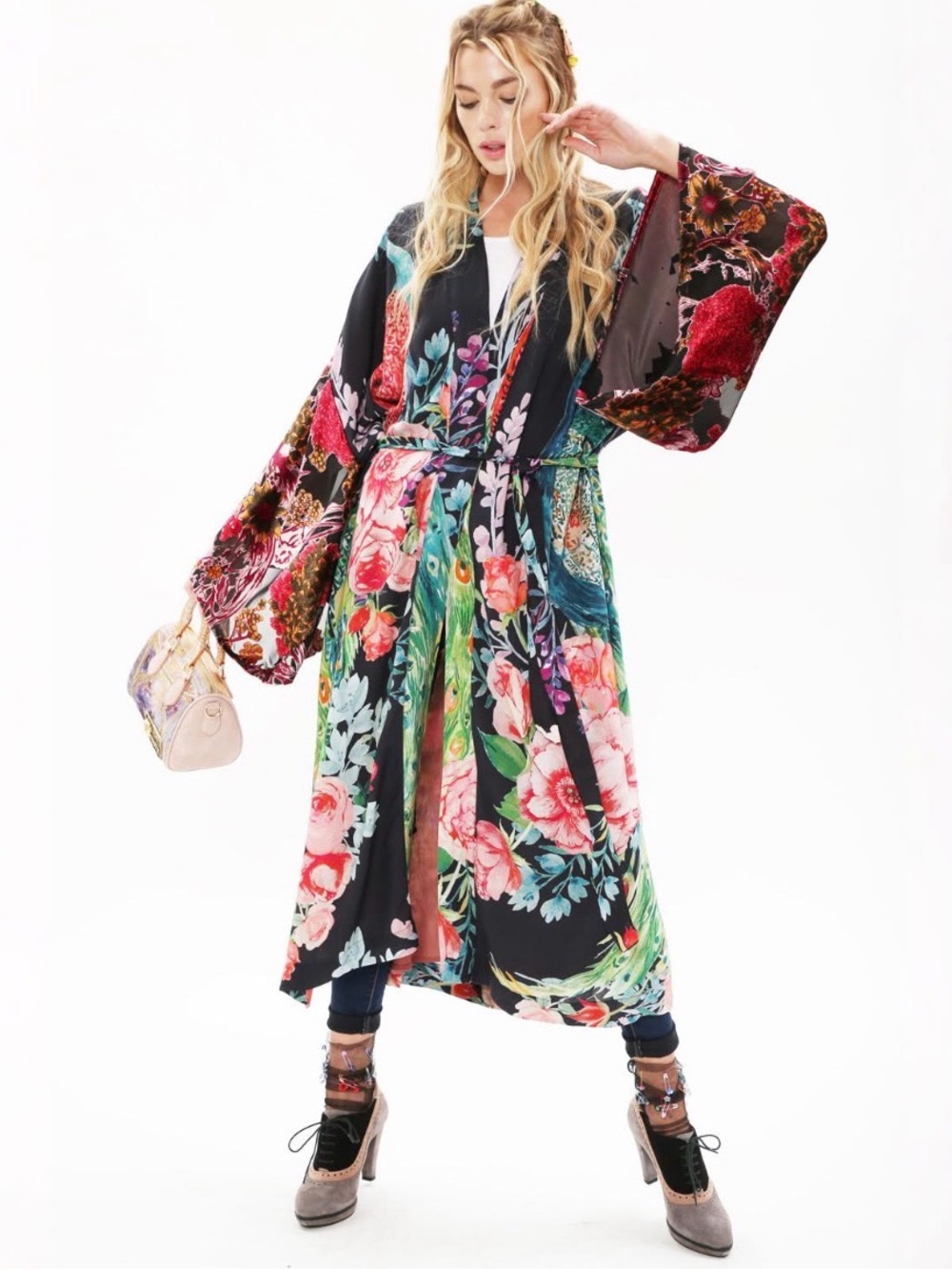 Aratta Floral Wrap Kimono in Black and Green
